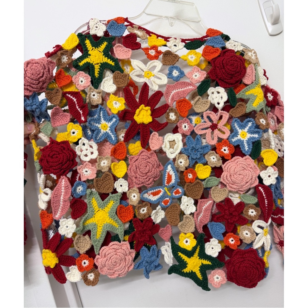 Alice + Olivia Fawn Collage Crochet Cardigan Sweater Cotton Floral XS S - Picture 11 of 14